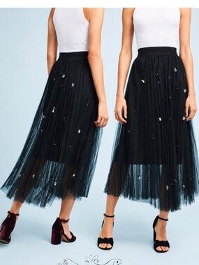 Eva Franco Pleated Tulle Midi Skirt with Pearl Embellishments NWT